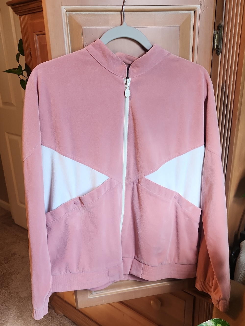 Vintage Women's Dusty Rose Zip Front Track Jacket with Cream Panels